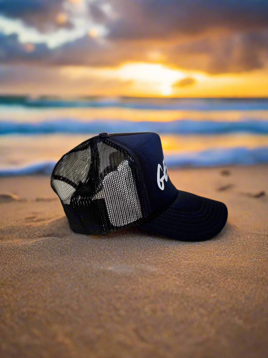 Black Trucker hat WHITE Logo