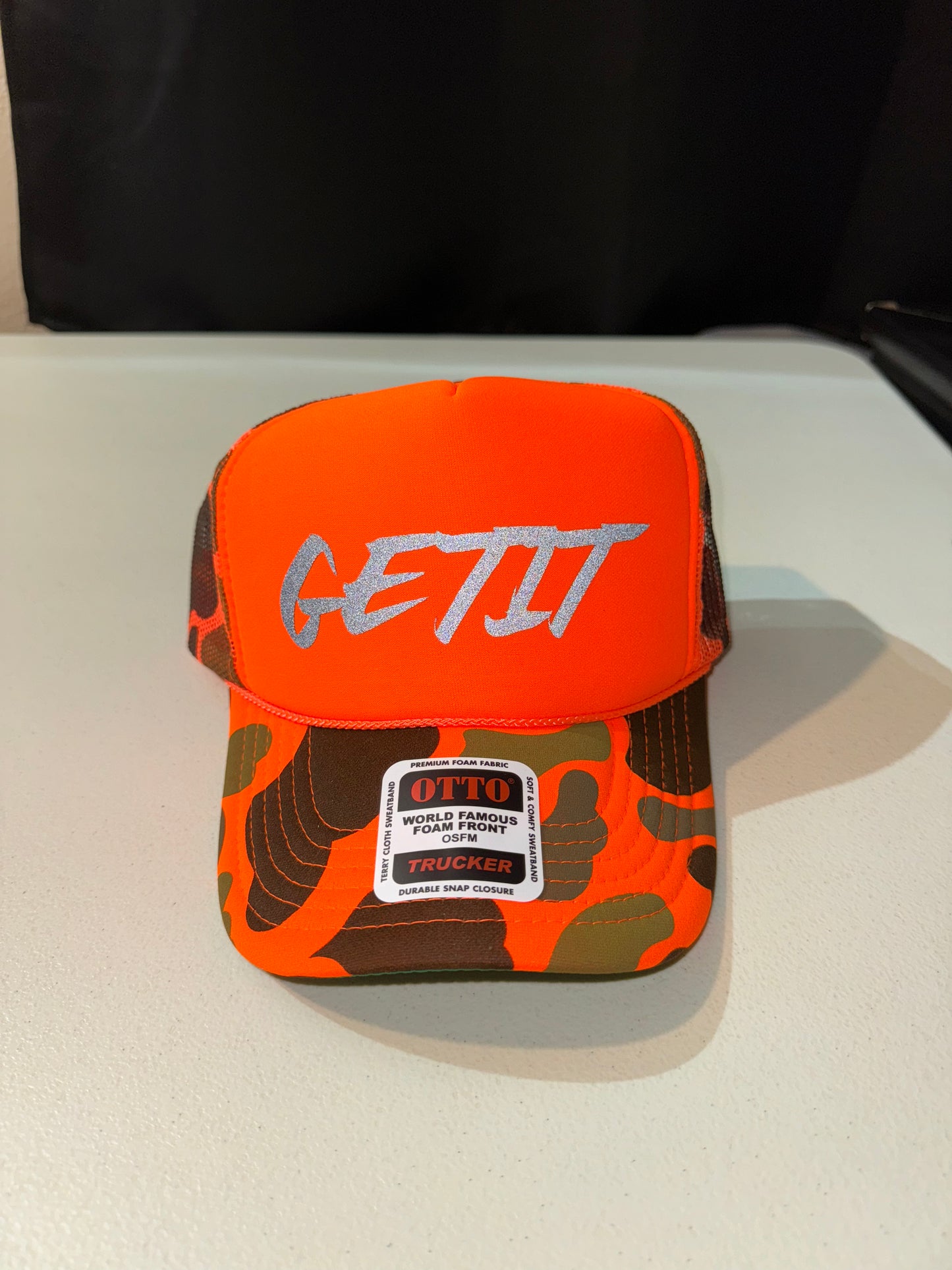 CAMO Orange Reflective Logo Trucker Hat